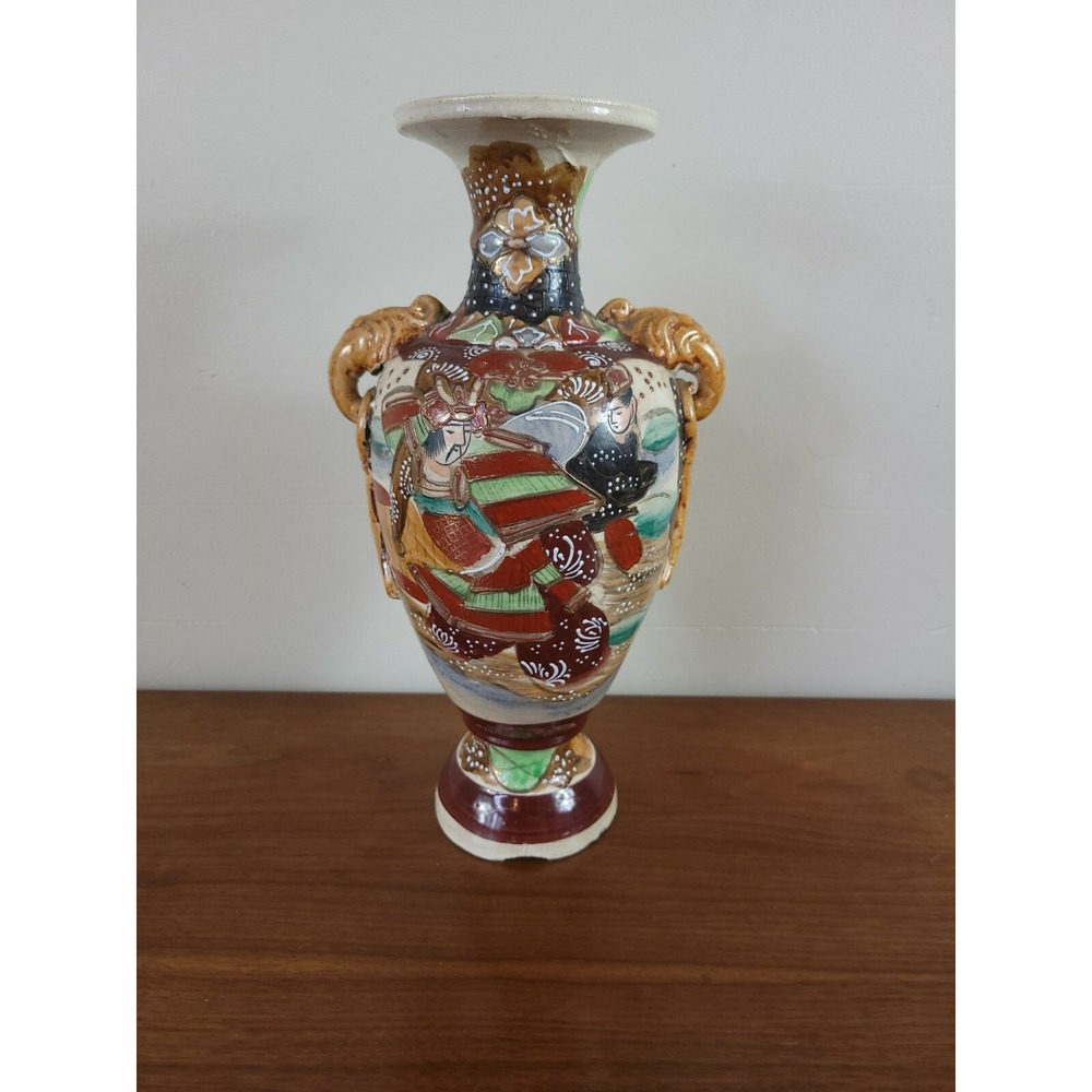 Vintage Japanese Satsuma Moriage Vase Floral Double Handle Hand Painted 12"